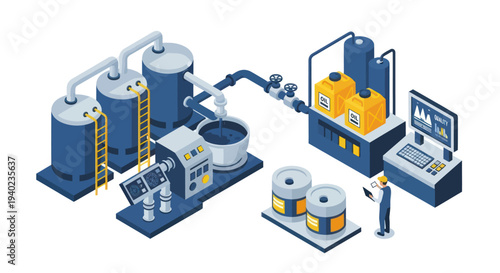 Industrial chemical production plant with automated machinery and storage tanks.