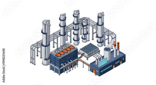 Industrial complex with multiple towers and cooling systems.