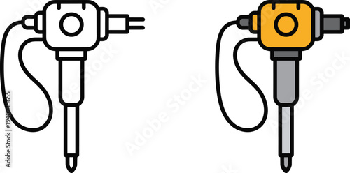 Electric jackhammer drill icons set, construction demolition tool illustration, industrial power hammer equipment symbol, building work concept, flat vector illustration