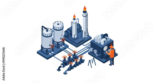 Industrial complex with rockets and machinery.