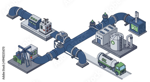 Industrial complex with pipes tanks and truck.