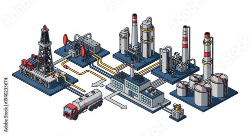 Industrial complex with oil rig and refinery structures.