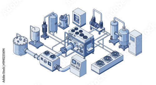 Industrial Equipment and Machinery Complex System Illustration.
