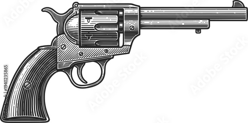 Antique Revolver Black and White Line Art Illustration