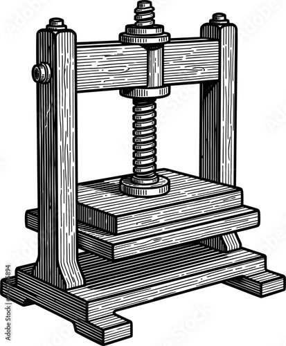 Antique Wooden Printing Press Machine Detailed Engraving With Screw Mechanism