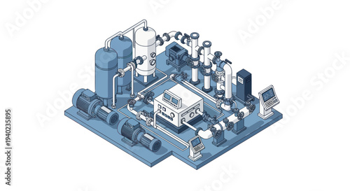 Industrial machinery with complex piping and tanks for manufacturing processes.