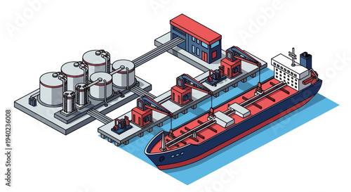 Industrial Oil Tanker Docking at Refinery Storage Facility.