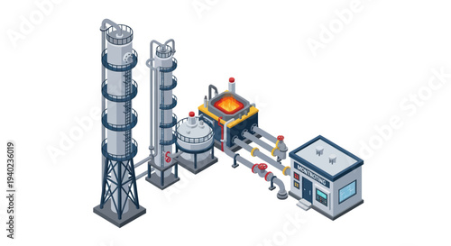 Industrial plant with distillation towers and furnace.