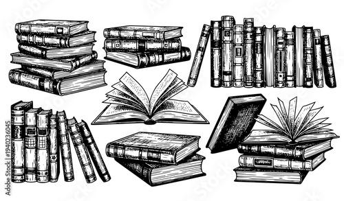 Vintage library books sketch set with open and stacked books hand drawn vector illustration