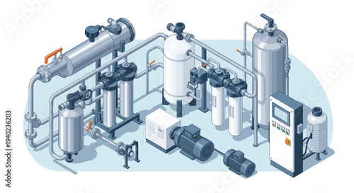 Industrial water purification system with pumps and filters.