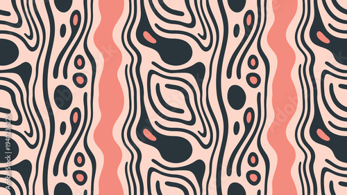 Abstract swirling pattern with coral and black tones, a retro design.