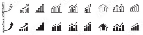 Growth icon set. Growing graphic icon set. Containing arrow up, growing graph, Profit chart, business chart icons. Vector illustration.