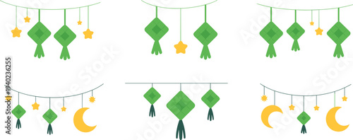 Collection of green ketupat decorations with stars and moons on white background ramadan islamic