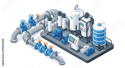 Industrial Water Treatment Plant Isometric Illustration.