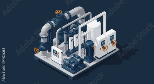 Industrial water treatment plant isometric illustration.