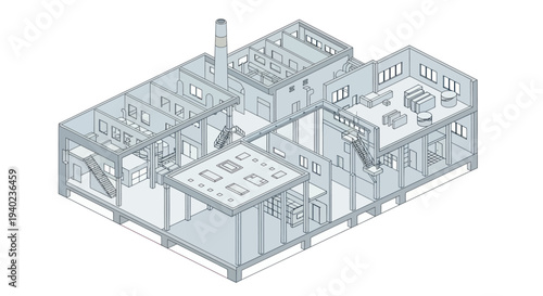 Isometric architectural blueprint of a modern building with multiple rooms.