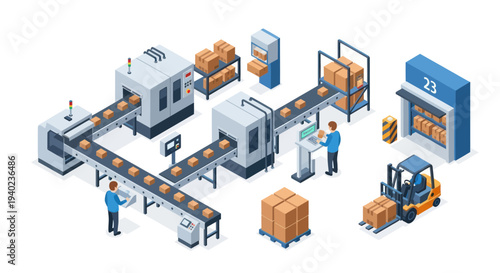 Isometric Automated Factory Production Line with Workers and Forklift.