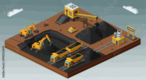 Isometric Coal Mining Operation with Heavy Machinery and Trucks.