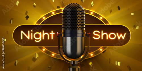 A captivating Night Show neon sign with a classic microphone set against a glamorous golden stage backdrop. Vector illustration.