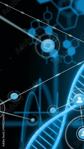 Vertical video: DNA helix pulsing while streaks sweeping causing nodes forming biotech data view