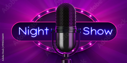 Night Show neon sign with a classic microphone on a vibrant purple stage. This retro design is ideal for entertainment. Vector illustration.