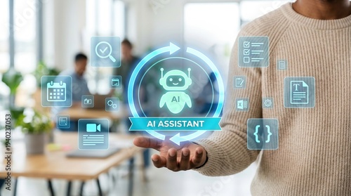Wallpaper Mural AI Assistant, Productivity, Artificial Intelligence, Digital, Business, Technology, Automation interface held by a person in a modern office to optimize workflow and smart management. Torontodigital.ca