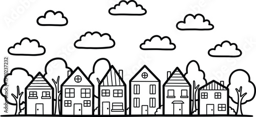 A black and white illustration of a quaint neighborhood with houses and trees under a cloudy sky
