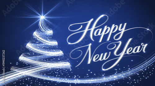 Abstract Blue Christmas Tree Made of Light Streaks - Happy New Year Background