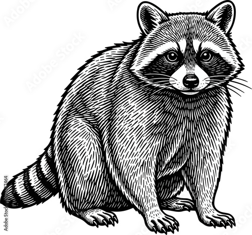 Detailed Sketch of a Raccoon Sitting Facing Forward with Striped Tail and Masked Face