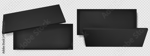 Black rectangle box mockup. Top view empty open gift package rectangular shape for birthday. Realistic cardboard present container inside with lid set. Luxury big chocolate packaging concept