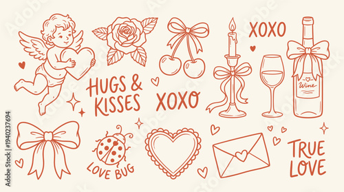 Valentine's Day themed illustrations and symbols, including hearts, love bugs, and romantic gestures, on a soft pink background with red line drawings and text.