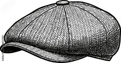 Herringbone Patterned Flat Cap with Button Detail and Brim