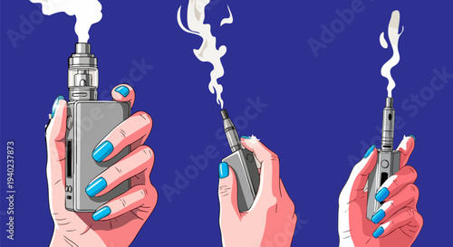 Three Vector Illustrations of Hands Holding Different Vaping Devices with Visible Vapor Clouds on a Solid Blue Background, Depicting Modern E-Cigarette Use