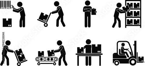 Warehouse workflow icons showing barcode scanning, box transport, inventory check, shelving, conveyor system, forklift operation, logistics, supply chain management