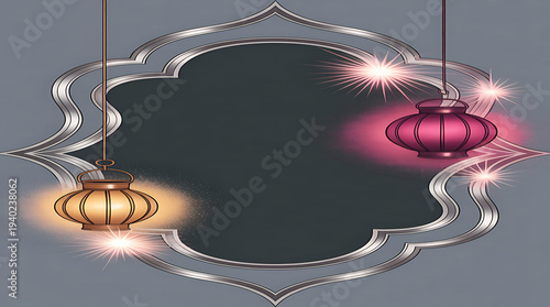 Ornate Decorative Frame with Hanging Festive Lanterns and Sparkles