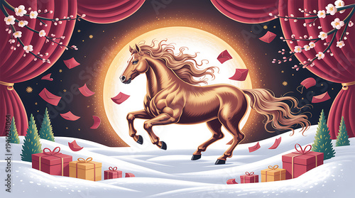 Golden Horse on Snowy Stage with Red Curtains and Gift Boxes
