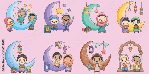 Diverse Muslim children celebrating Eid al Fitr with books and lanterns on moons celebration crescent moon