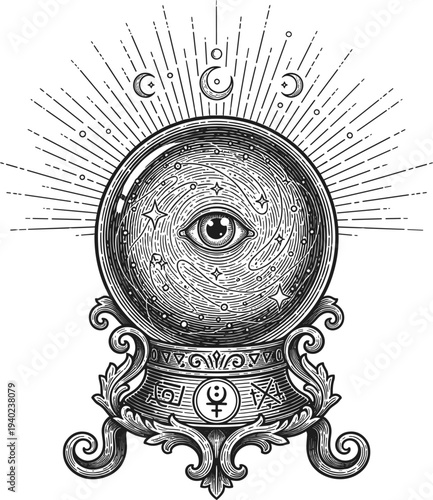 Mystic Crystal Ball With All Seeing Eye and Moon Phases Symbol of Fortune