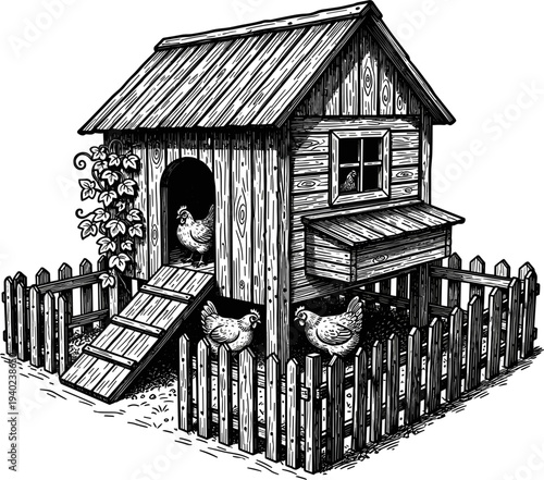 Rustic Wooden Chicken Coop with Picket Fence and Ramp Detailed Illustration