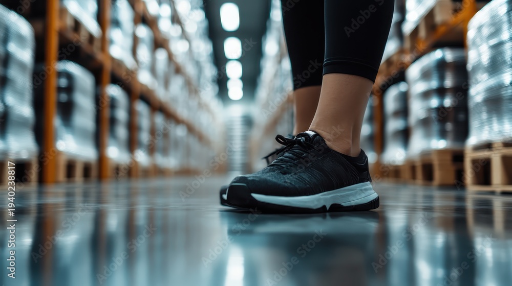 Naklejka premium A close-up shot of an athlete's feet in black sneakers poised on a smooth surface in a warehouse, showcasing readiness and determination for physical performance and training.