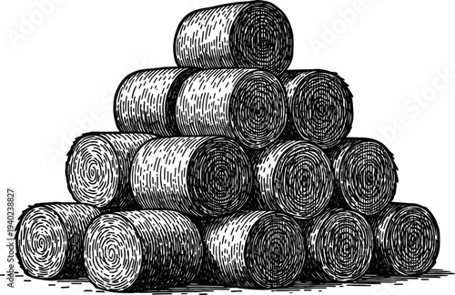Stacked Hay Bales in a Rural Field at Dusk Black and White Illustration