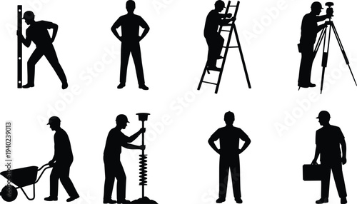 Construction worker silhouettes with ladder tripod wheelbarrow tools, builder laborer industrial workforce collection isolated black silhouette concept
