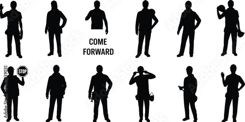 Construction worker silhouettes with safety signs and tools, builder laborer standing poses industrial workforce isolated black silhouette