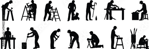 Carpenter worker silhouettes woodworking tools workshop set, builder craftsman working with hammer saw bench industrial labor collection black