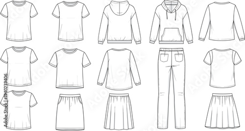 Black and white fashion sketch collection featuring t‑shirts, sweatshirts, hoodies, jeans, and skirts, versatile clothing silhouettes for design templates, apparel illustration, and fashion concepts