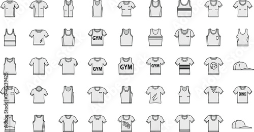Clothing and accessory illustration featuring t-shirts, tank tops, graphic shirts, caps, and casual apparel designs, showcasing diverse wardrobe fashion styles and outfit variations