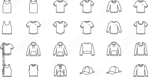 Clothing and accessory illustration featuring tank tops, t-shirts, hoodies, cropped tops, long-sleeve shirts, and baseball caps, showcasing casual fashion apparel design templates