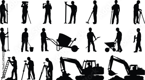 Construction worker and surveyor silhouettes with tools machinery ladder excavator set industrial workforce isolated black silhouette collection
