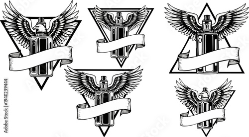 Set of 5 black and white vector illustrations featuring a winged spray paint can with a blank banner, framed by a triangle, ideal for urban art, street style, or creative branding designs.