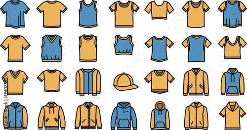 Clothing and accessory illustration featuring t-shirts, tank tops, hoodies, long-sleeve shirts, and baseball caps, showcasing casual fashion apparel and wardrobe design variations